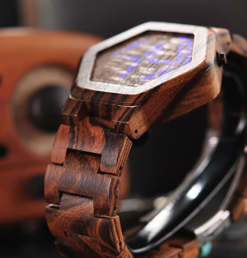 LED Display Wooden Watch with Night Vision