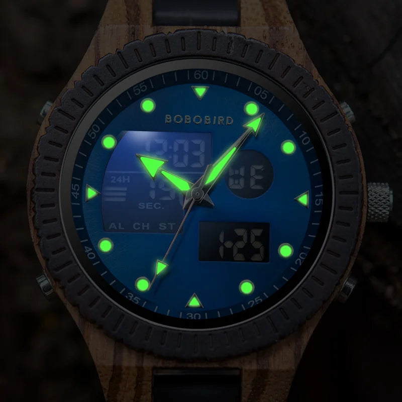 Dual Display Wooden Watch with Luminous Hands