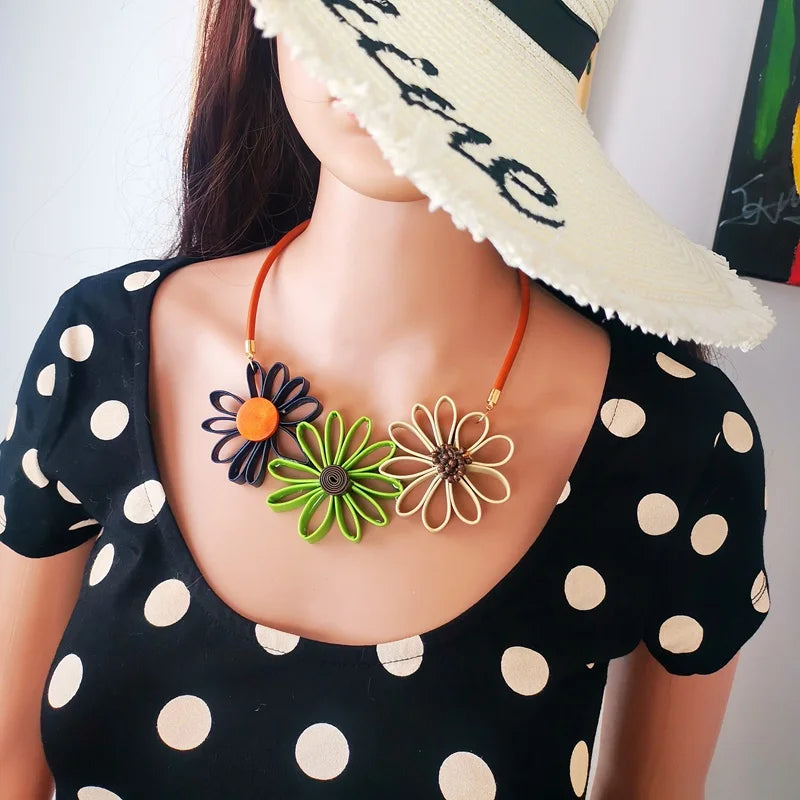 Leather Sunflower Statement Necklace for Women