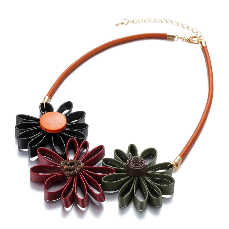 Leather Sunflower Statement Necklace for Women