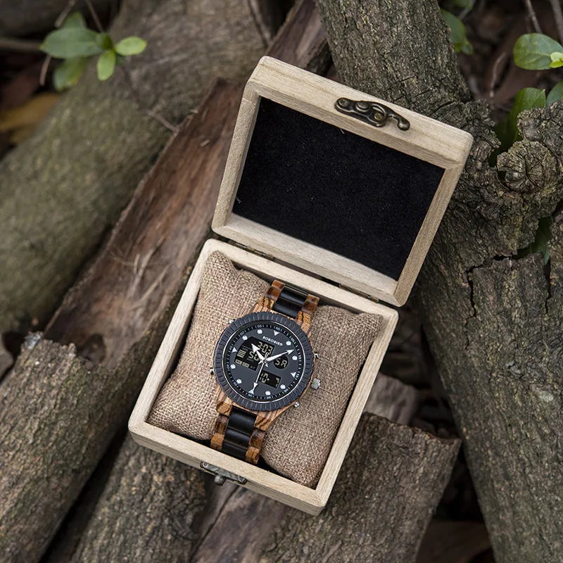 Dual Display Wooden Watch with Luminous Hands