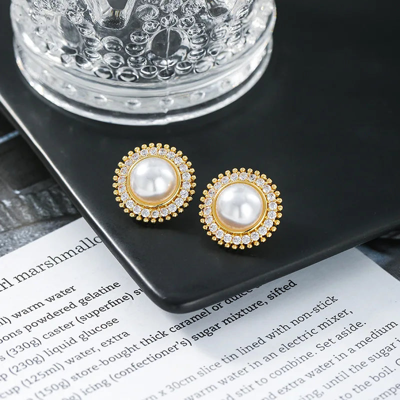 Crystal Bling Pearl Stud Earrings