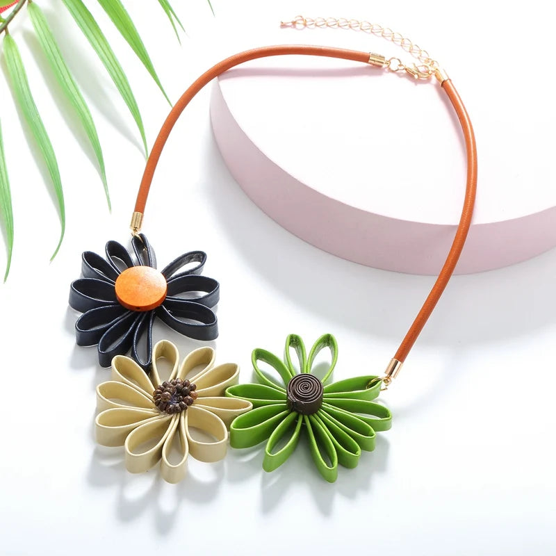 Leather Sunflower Statement Necklace for Women