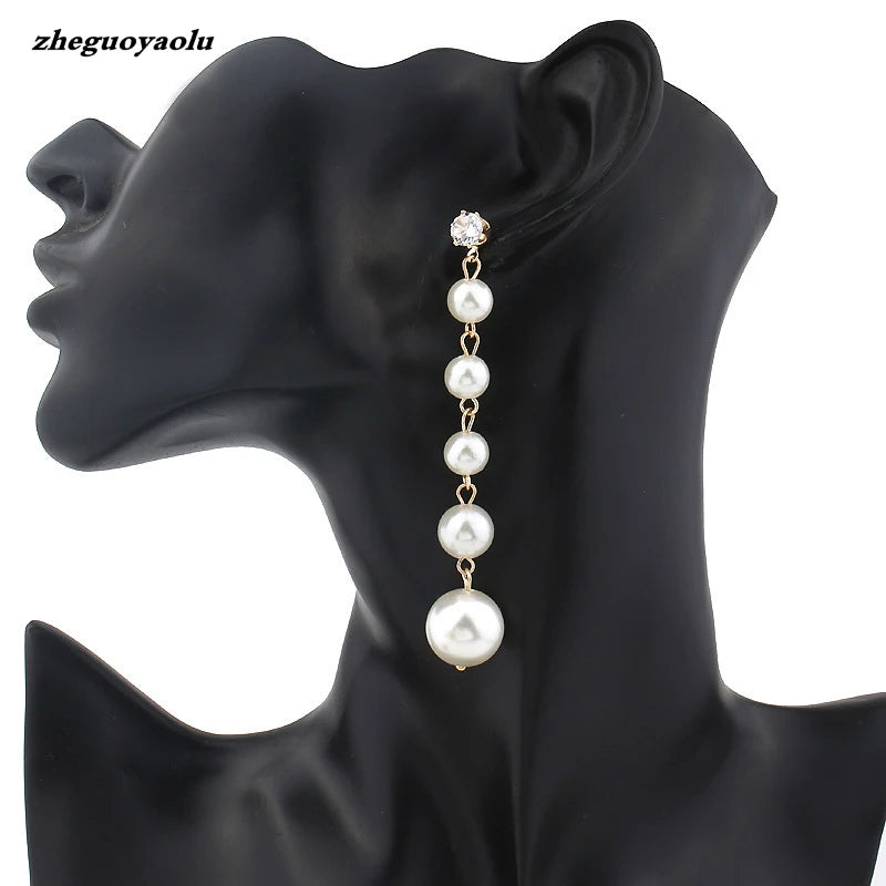 Elegant Long Pearl Pendant Earrings