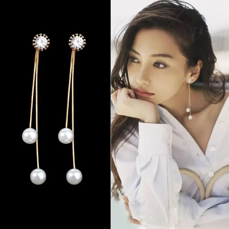 Elegant CZ Pearl Tassel Earrings