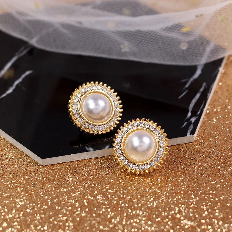 Crystal Bling Pearl Stud Earrings