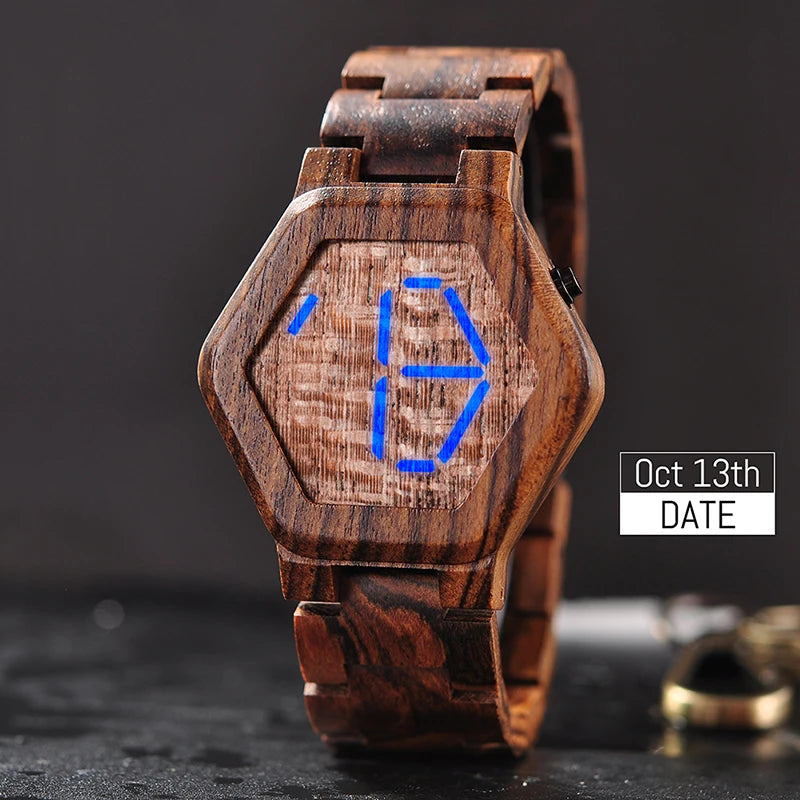 LED Display Wooden Watch with Night Vision