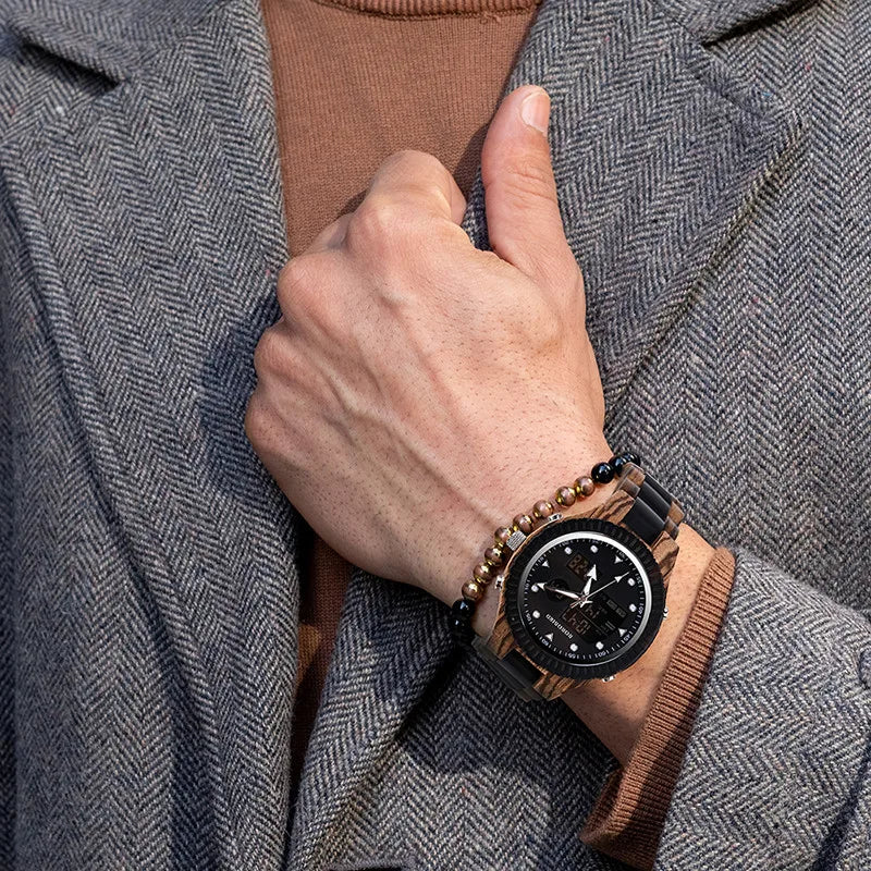 Dual Display Wooden Watch with Luminous Hands