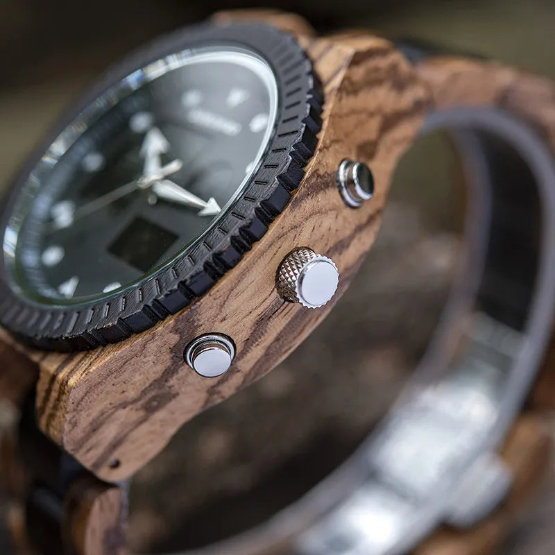 Dual Display Wooden Watch with Luminous Hands