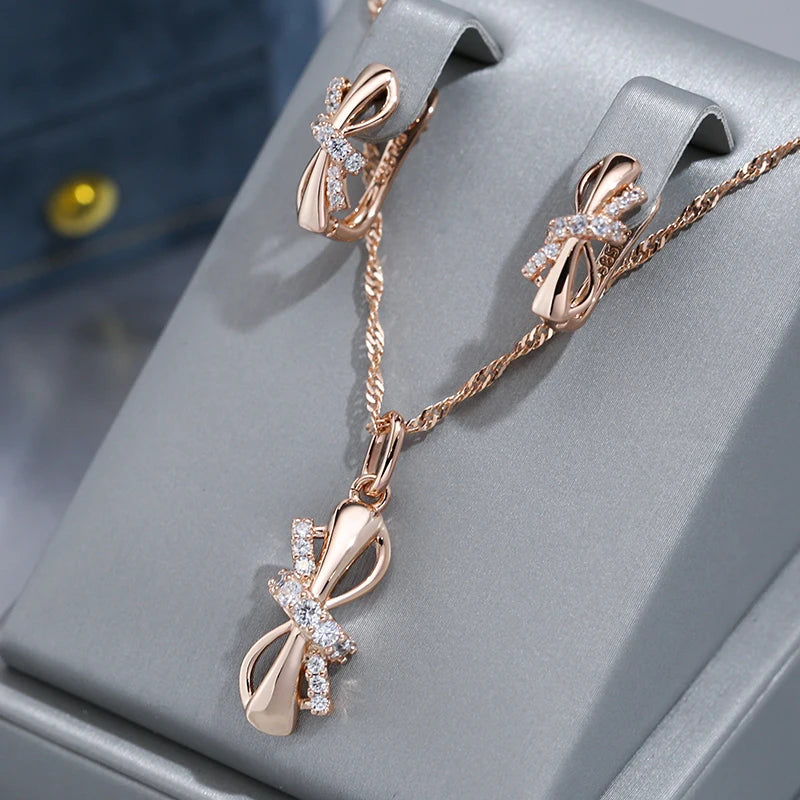 Cute Bowknot Zircon 585 Rose Gold Necklace