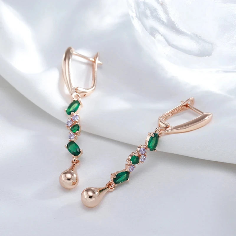 Tassel Long Green Zircon 585 Rose Gold Earrings