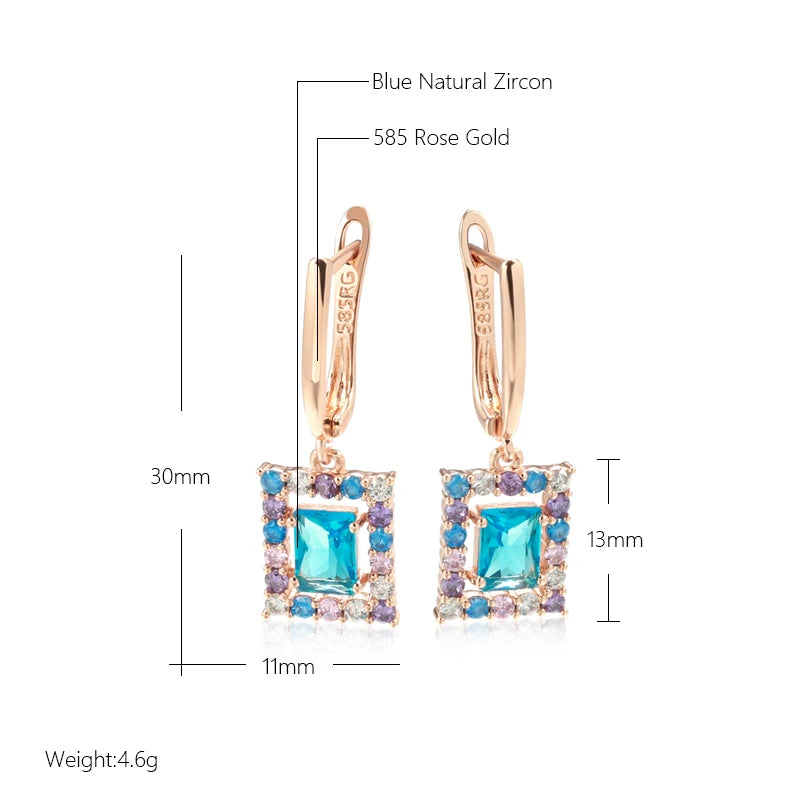 Square Blue Zircon 585 Rose Gold Earrings