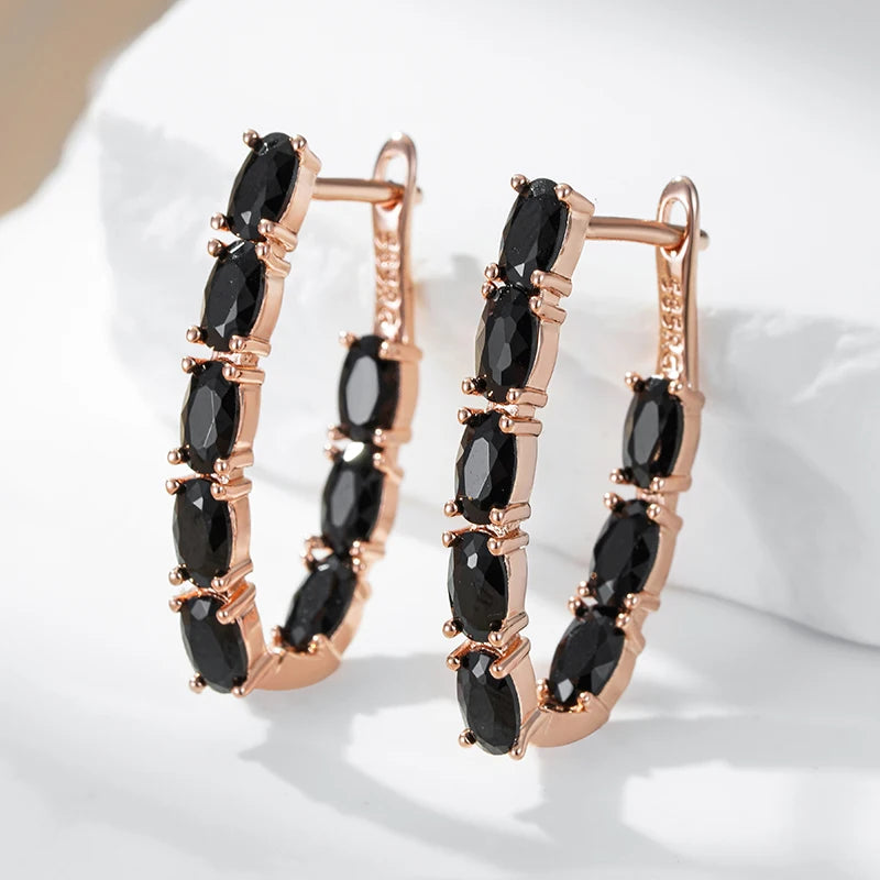 Black Stone Long 585 Rose Gold Drop Earrings