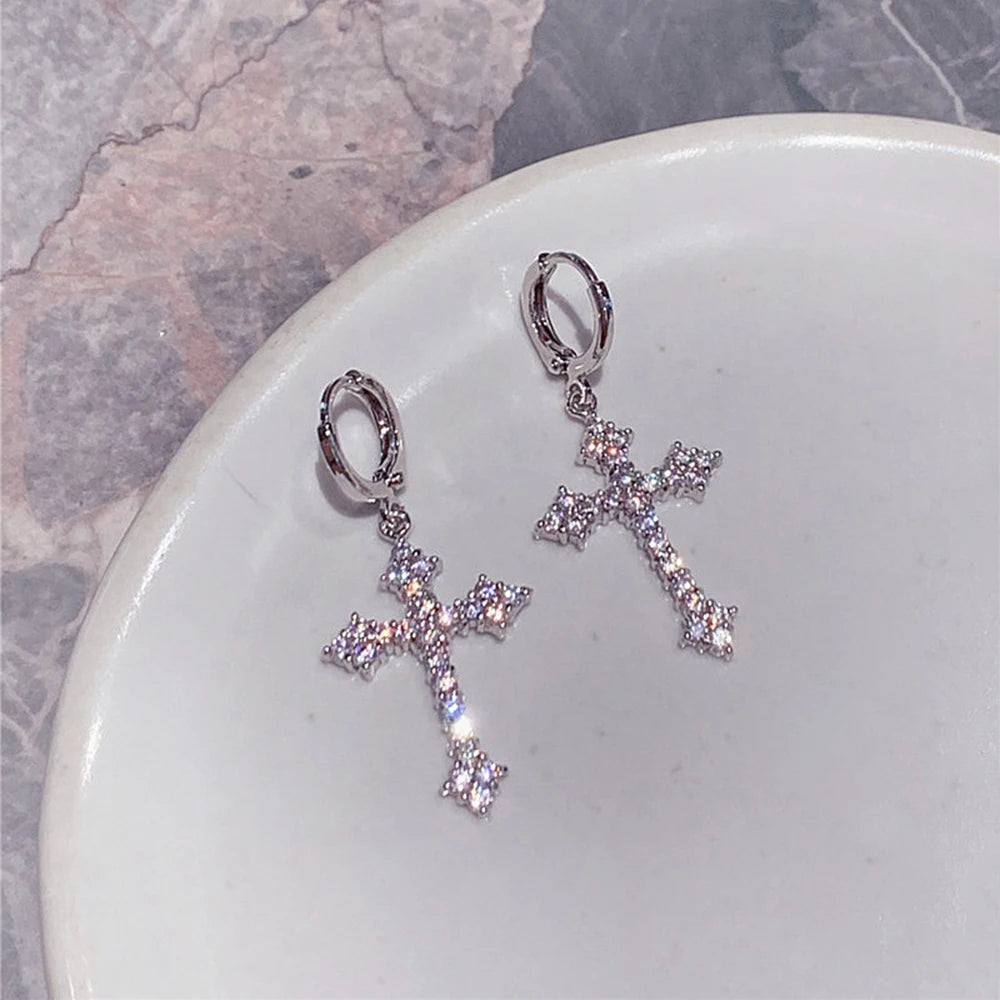 Zircon Crystal Cross Drop Earrings