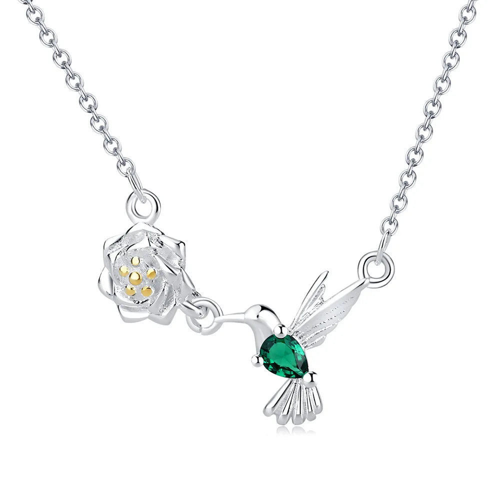 925 Silver Flower Bird Pendant Necklace