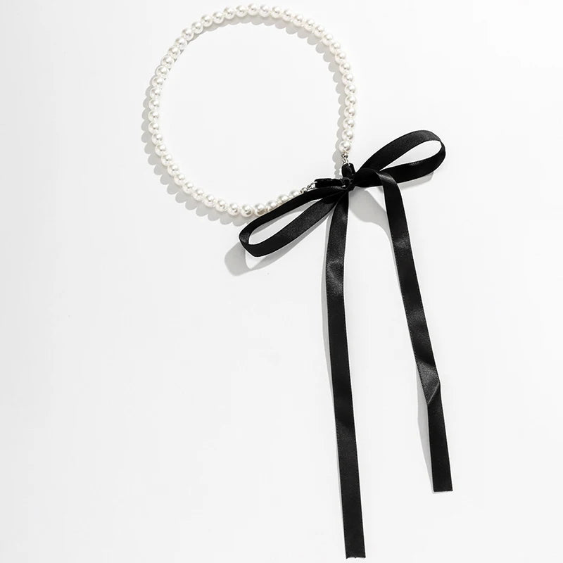 White Pearl Ribbon Choker Necklace