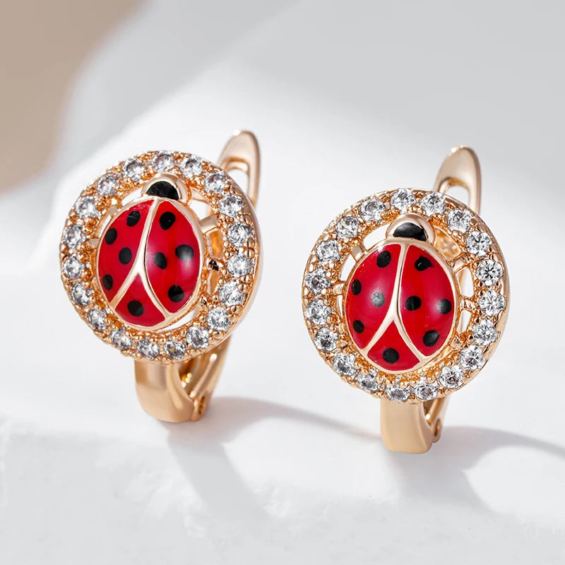 Cute Ladybug 585 Rose Gold Zircon Earrings