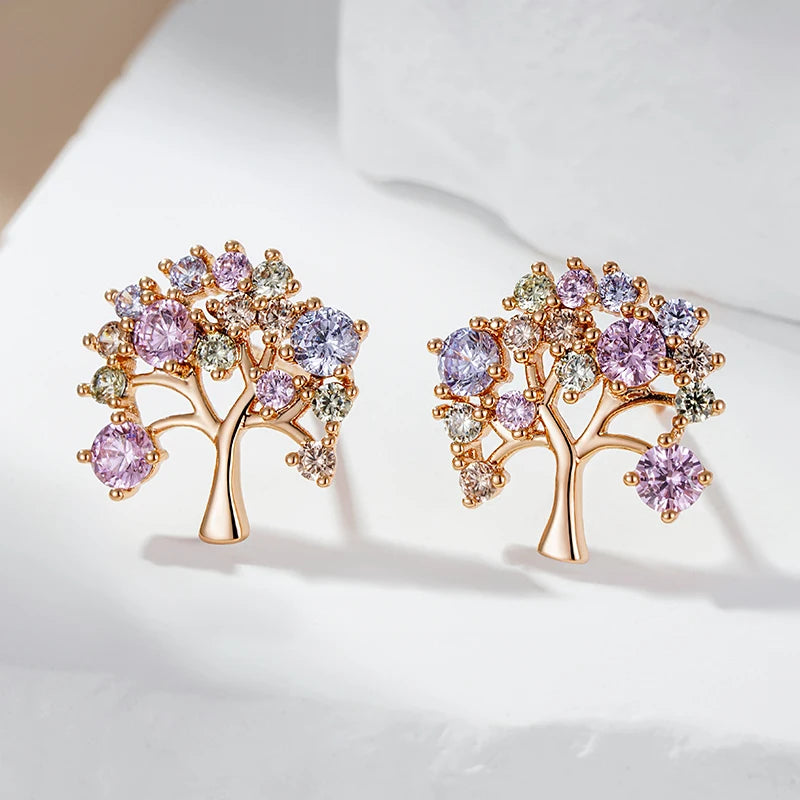 Colorful Lucky Tree 585 Rose Gold Earrings