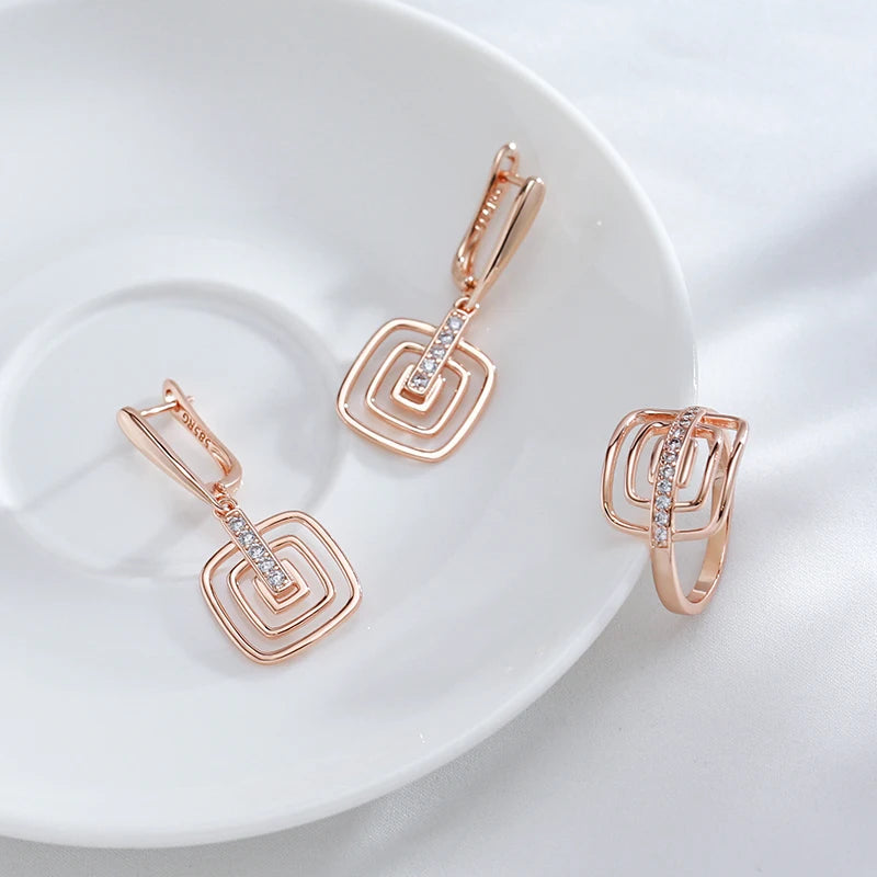 Hollow Square White Zircon 585 Rose Gold Earrings