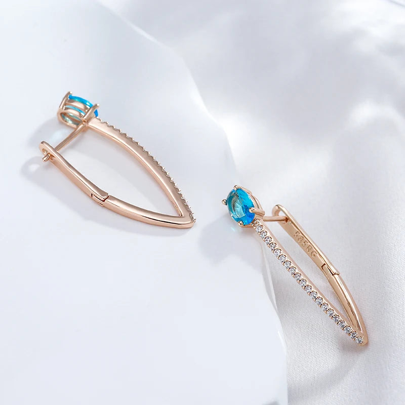 V Shape Blue Zircon 585 Rose Gold Earrings