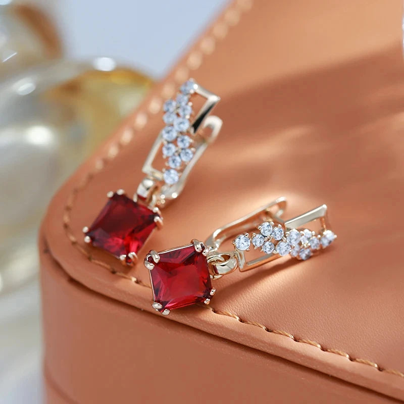 Square Red Zircon 585 Rose Gold Dangle Earrings