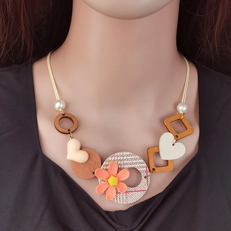 Handmade Flower Wooden Bib Necklace