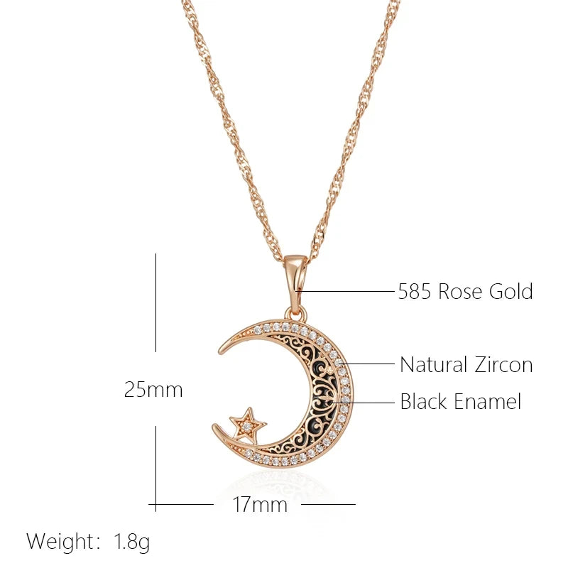 Black Enamel Moon Star 585 Rose Gold Necklace