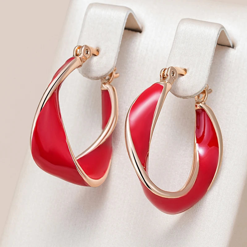 Elegant Red Enamel 585 Rose Gold Drop Earrings