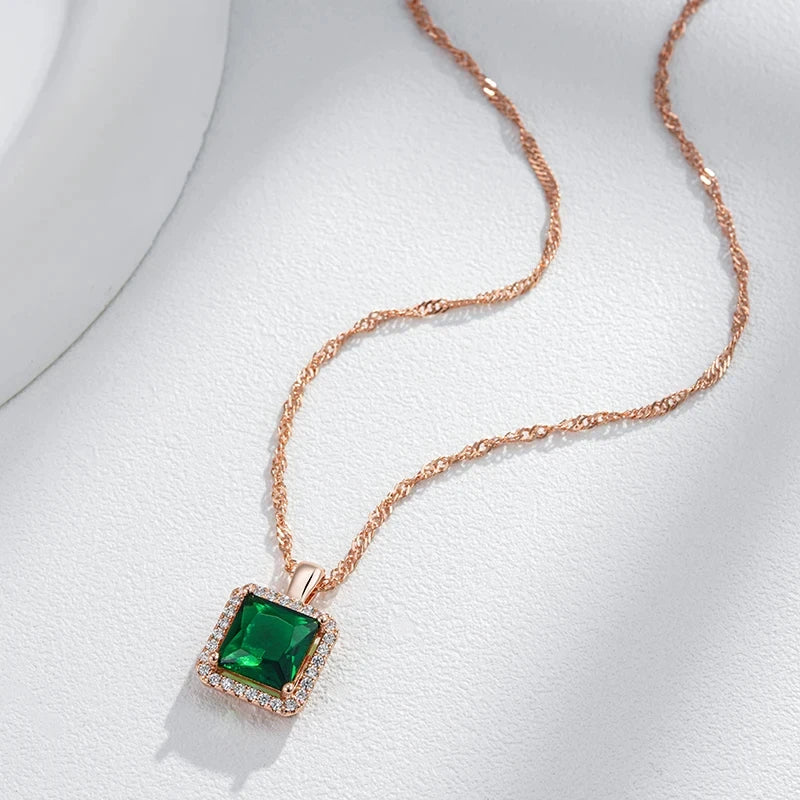 Square Green Stone 585 Rose Gold Necklace