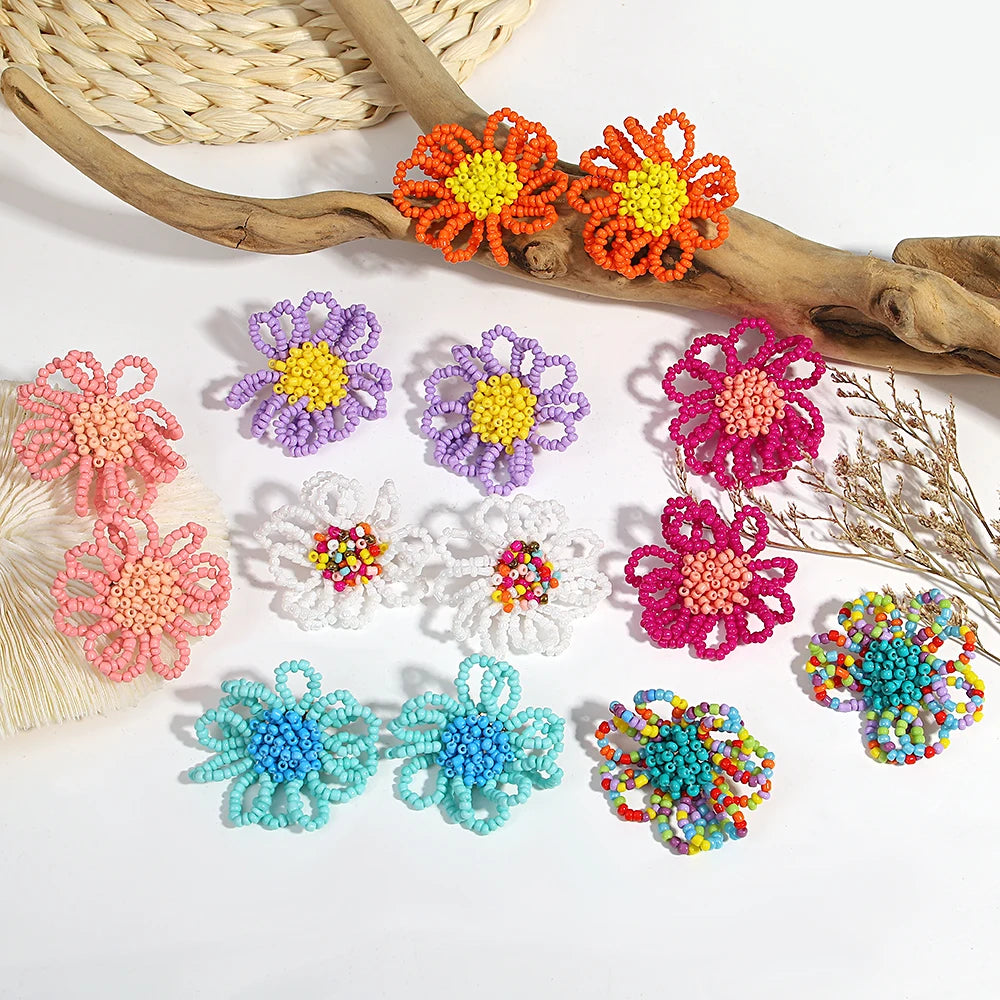 Multicolor Beaded Flower Stud Earrings