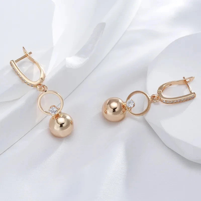 Metal Ball Long 585 Rose Gold Drop Earrings