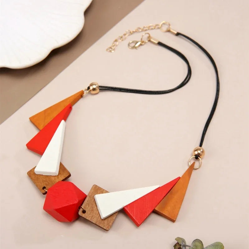 Handmade Wooden Geometric Bib Necklace