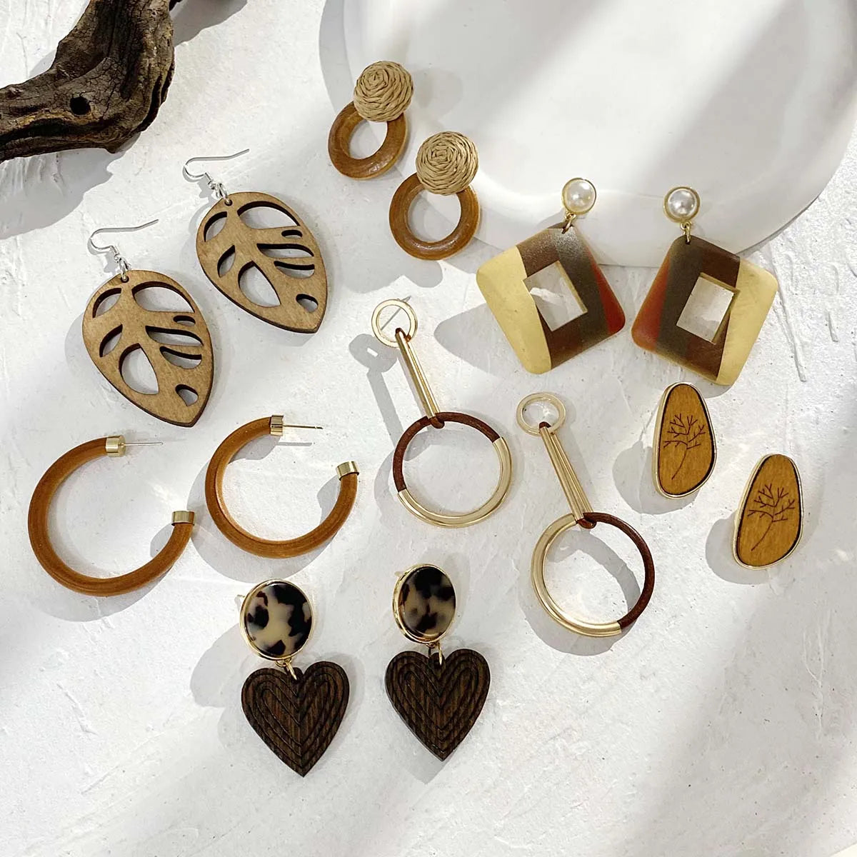 Vintage Geometric Wood Leaf Earrings