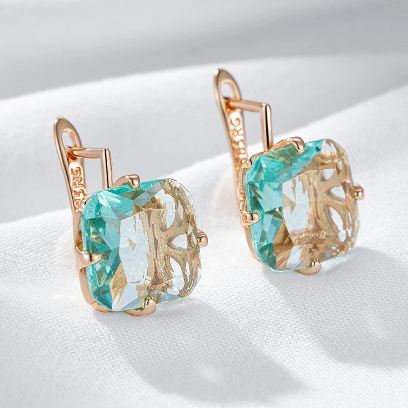 Big Square Green Zircon 585 Rose Gold Earrings