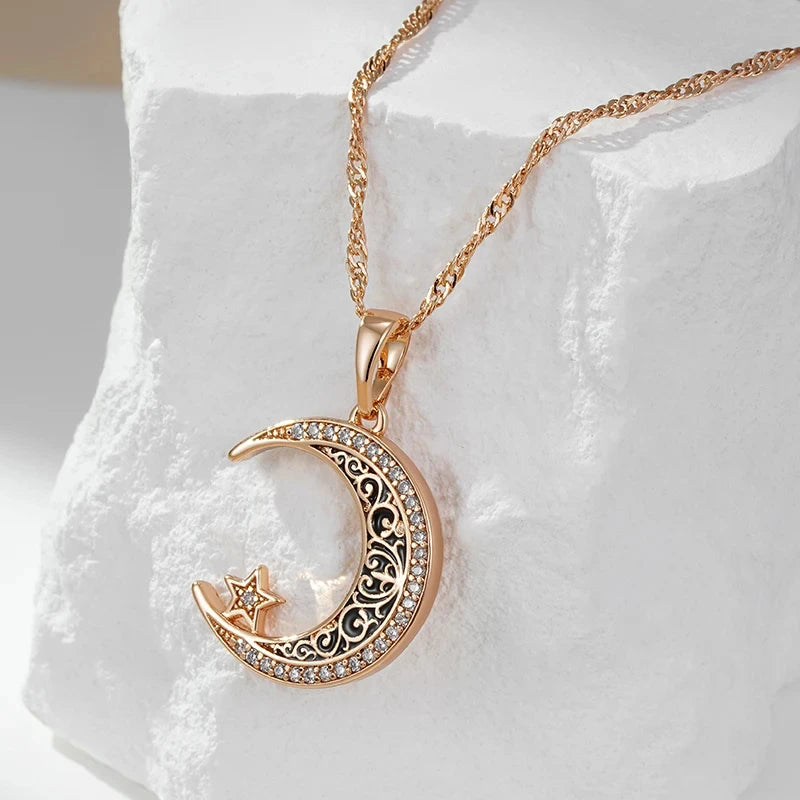 Black Enamel Moon Star 585 Rose Gold Necklace