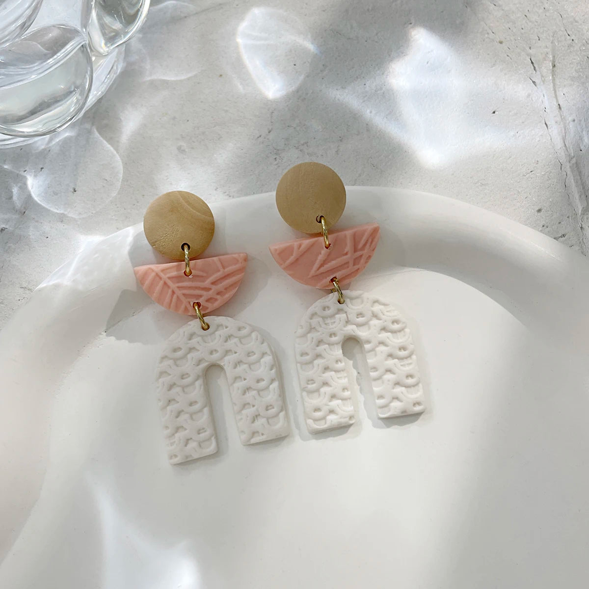 White Pink Braided Clay Earrings