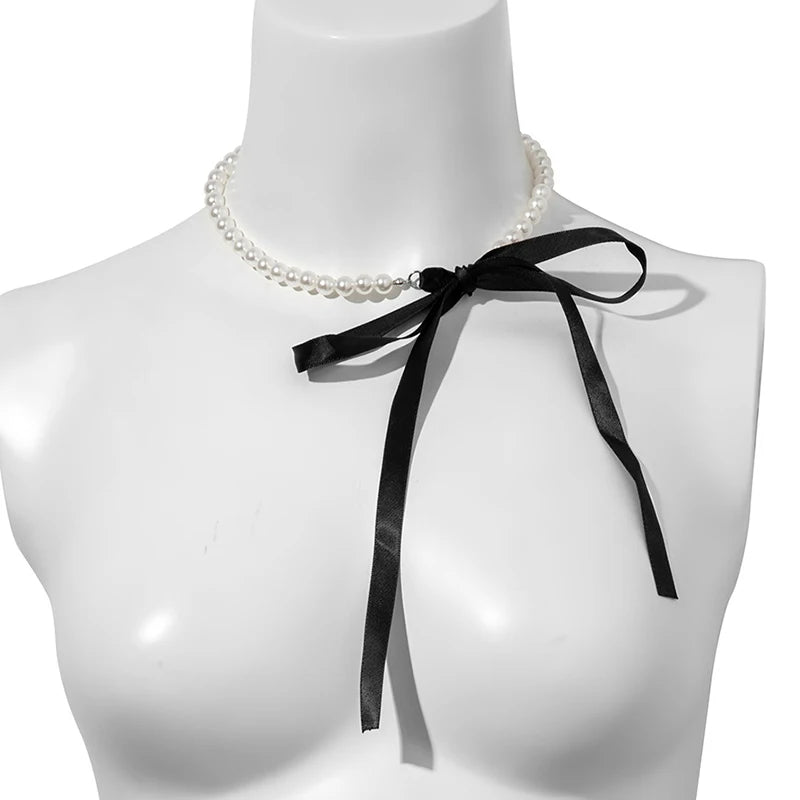 White Pearl Ribbon Choker Necklace