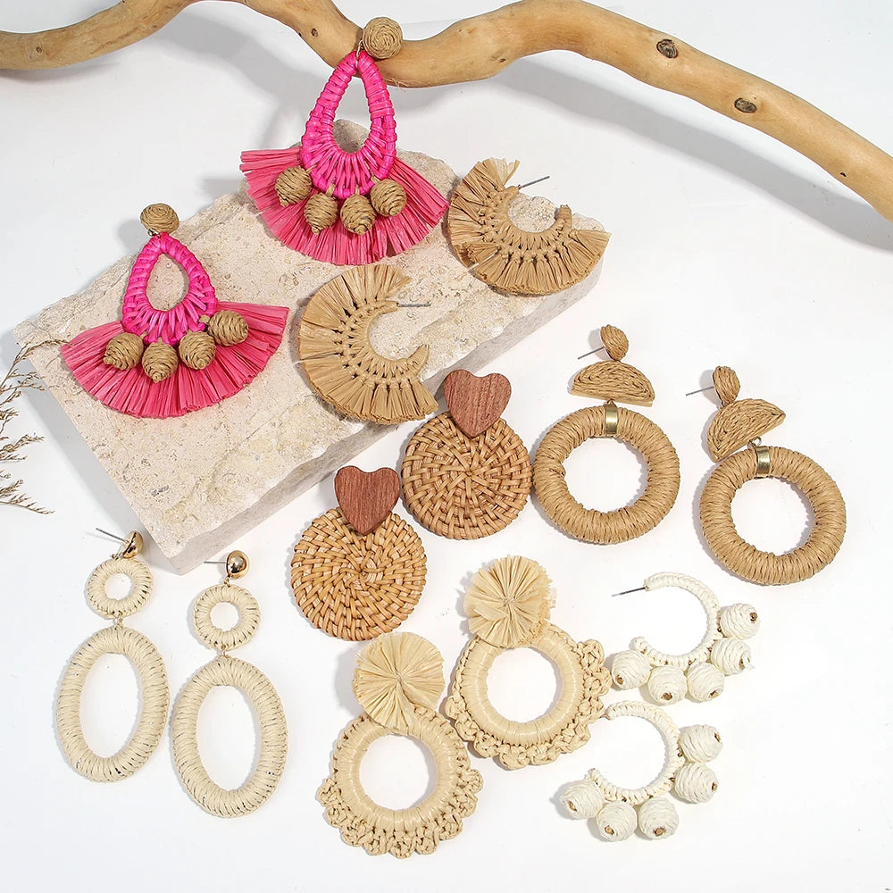 Handmade Braided Raffia Fan Earrings