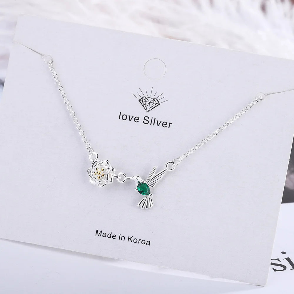 925 Silver Flower Bird Pendant Necklace