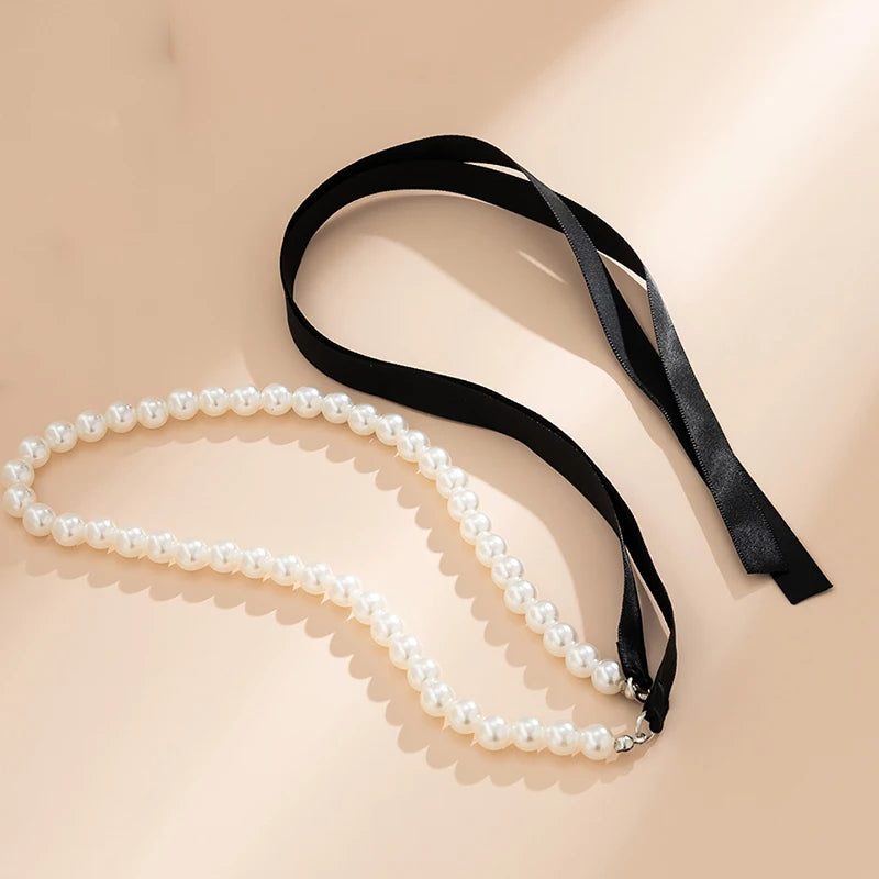 White Pearl Ribbon Choker Necklace