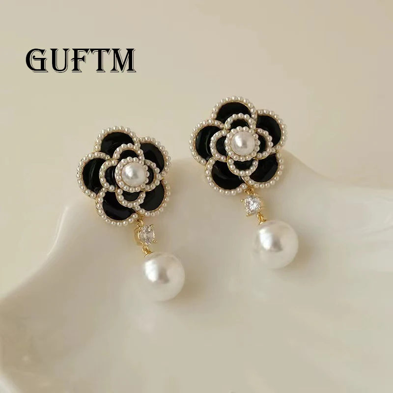 Camellia Pearl Pendant Wedding Earrings