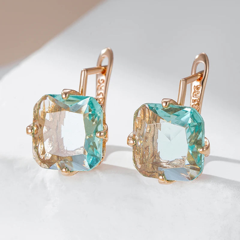 Big Square Green Zircon 585 Rose Gold Earrings