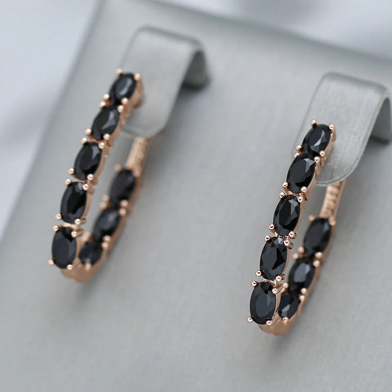 Black Stone Long 585 Rose Gold Drop Earrings