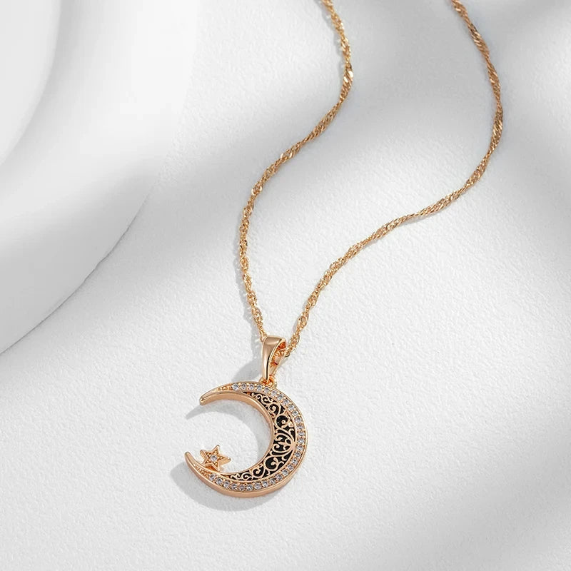 Black Enamel Moon Star 585 Rose Gold Necklace