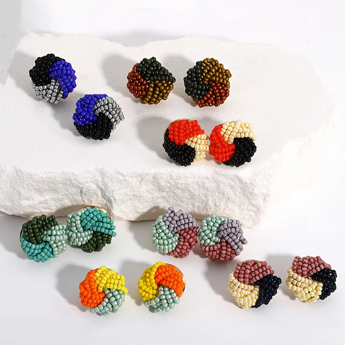 Tricolor Beaded Knot Stud Earrings