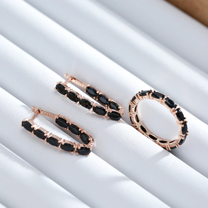 Black Stone Long 585 Rose Gold Drop Earrings