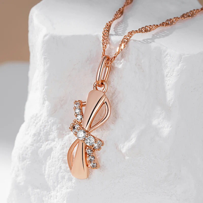 Cute Bowknot Zircon 585 Rose Gold Necklace