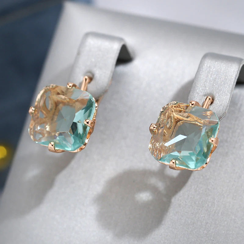 Big Square Green Zircon 585 Rose Gold Earrings