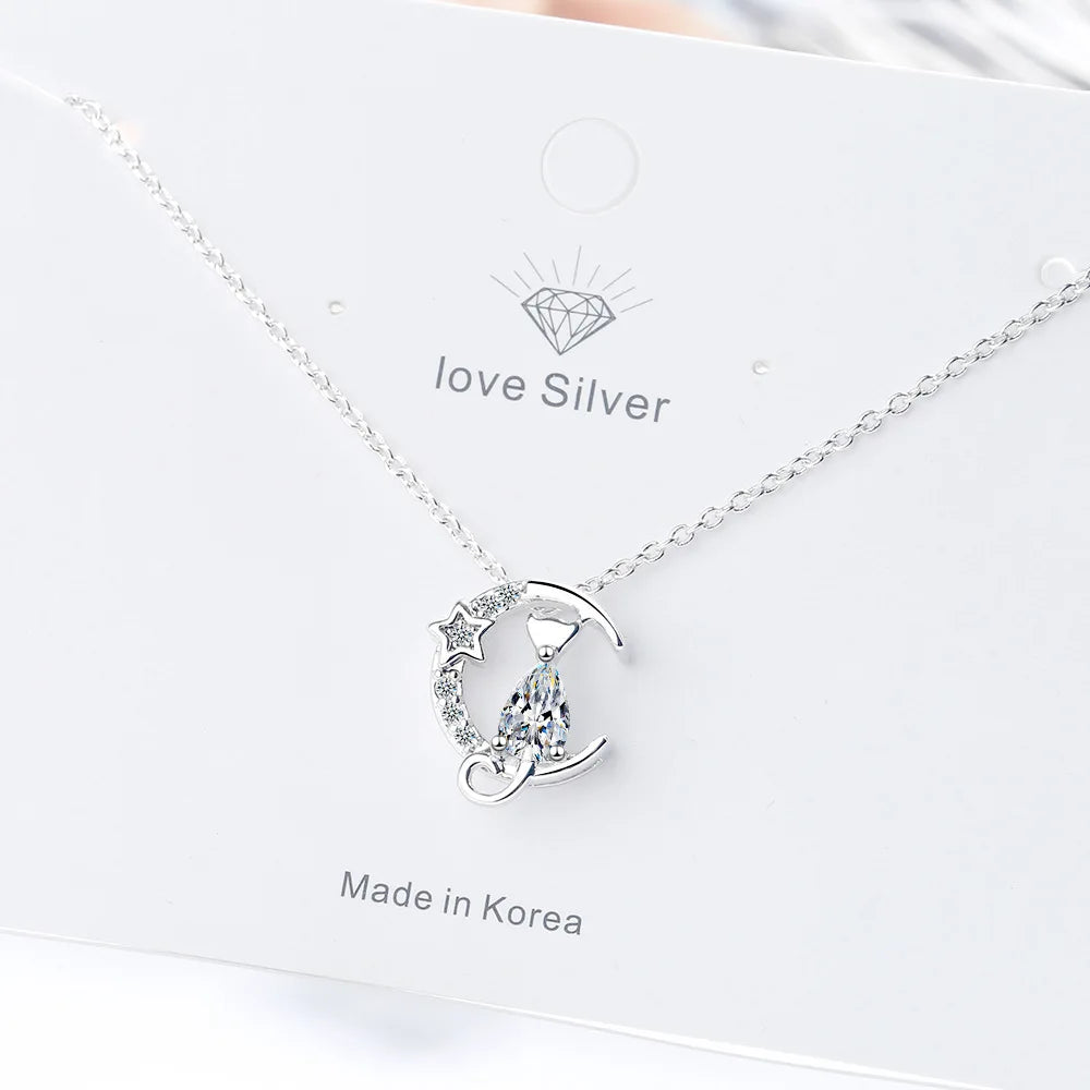 925 Silver Cat Moon Zircon Necklace