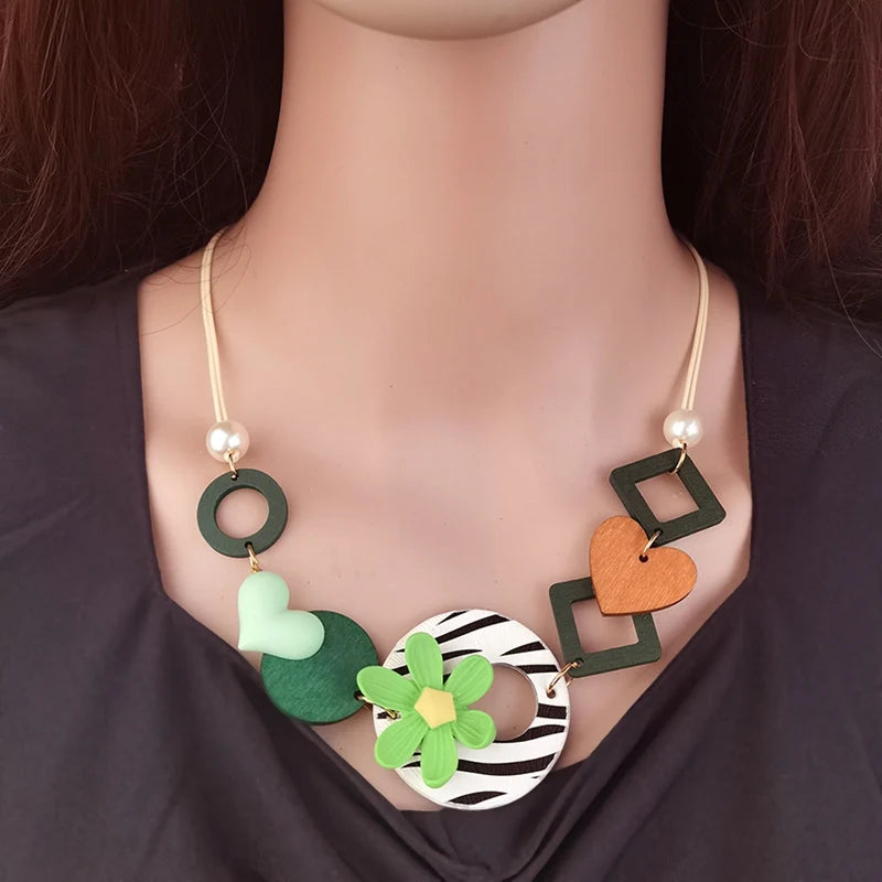 Handmade Flower Wooden Bib Necklace